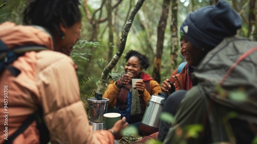 Three Friends Enjoying Coffee Break During a Hike