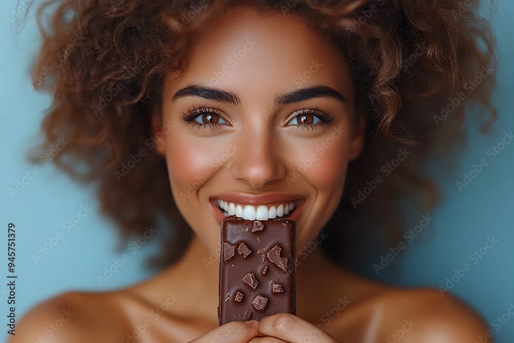 A young woman with dark curly hair bites into a chocolate bar, smiling with happiness. A young woman with dark curly hair bites into a chocolate bar, smiling with happiness.