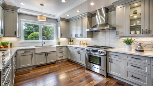 Beautifully refinished kitchen cabinets with soft-close drawers and shiny new hardware, surrounded by sleek countertops and stainless steel appliances in a modern kitchen.