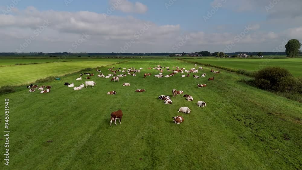Aerial View of Red and White Cows in the Frisian Landscape, Netherlands Aerial View of Red and White Cows in the Frisian Landscape, Netherlands