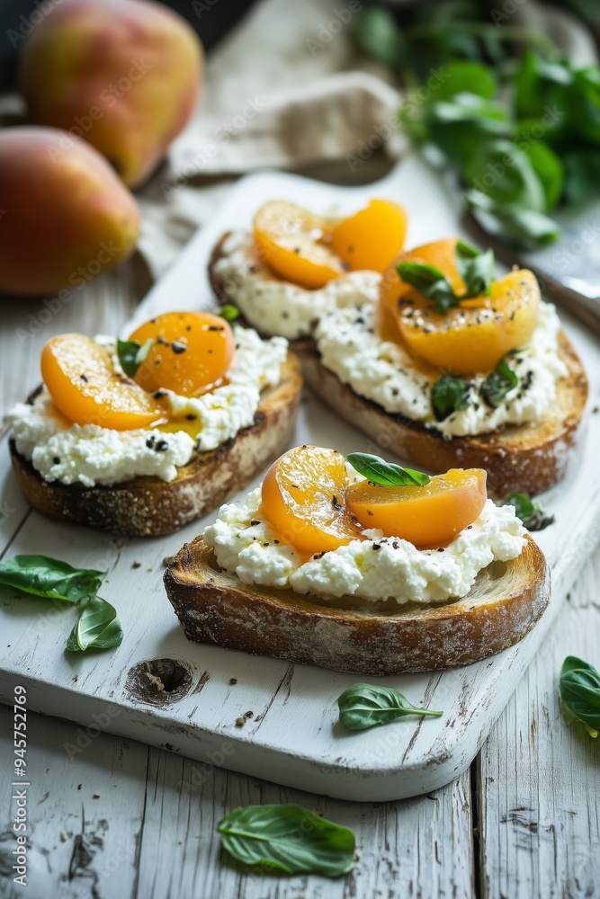 Delicious toast topped with ricotta cheese and fresh apricot slices on a rustic wooden table in a cozy kitchen Delicious toast topped with ricotta cheese and fresh apricot slices on a rustic wooden table in a cozy kitchen