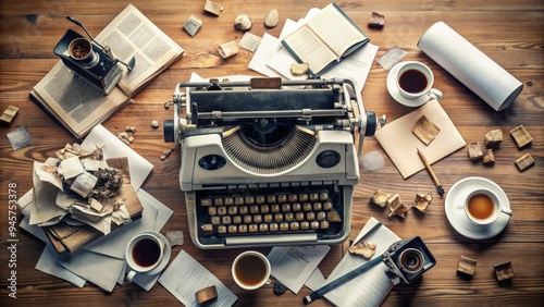 Broken typewriter surrounded by scattered newspapers, coffee cups, and notes, conveying a chaotic and hurried newsroom atmosphere where journalists chase the latest breaking story. photo