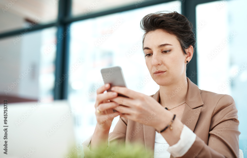 Office, typing and business woman with phone for communication, contact and b2b networking. Professional, corporate worker and person on smartphone for internet, website and social media in workplace Office, typing and business woman with phone for communication, contact and b2b networking. Professional, corporate worker and person on smartphone for internet, website and social media in workplace