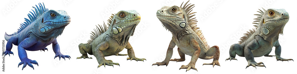 Obraz premium Colorful iguanas showcasing various textures and shades on a white background, perfect for nature and wildlife themes.