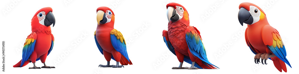 Obraz premium Colorful parrot illustrations showcasing vibrant feathers and distinct poses, perfect for nature-inspired designs.