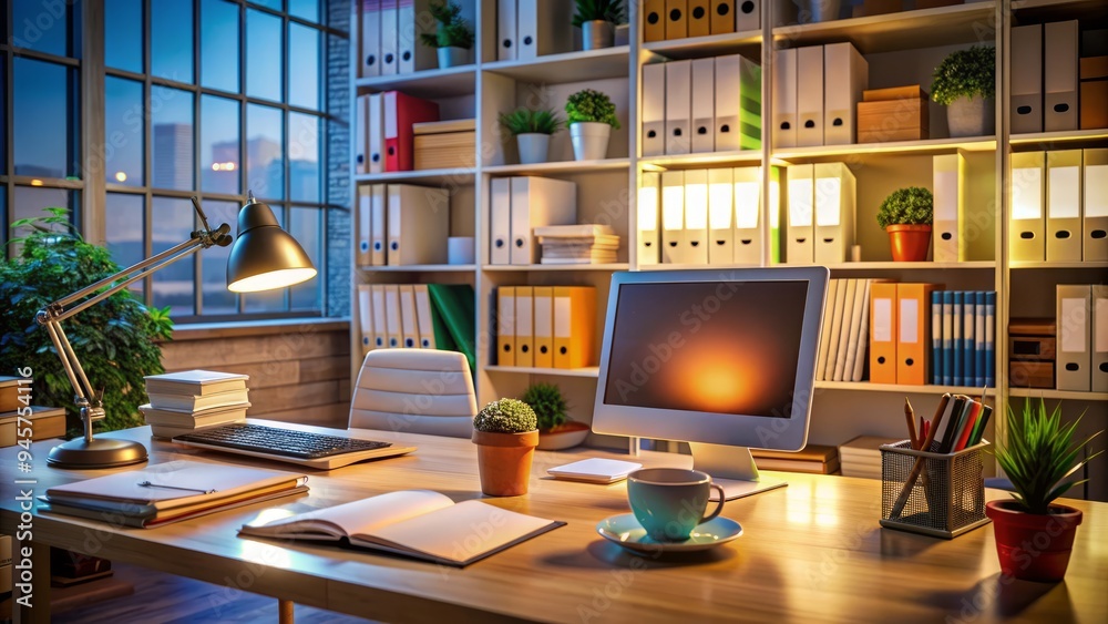 Busy office scene with a cluttered desk, computer, papers, and coffee cup, surrounded by shelves and files, under warm fluorescent lighting. Busy office scene with a cluttered desk, computer, papers, and coffee cup, surrounded by shelves and files, under warm fluorescent lighting.