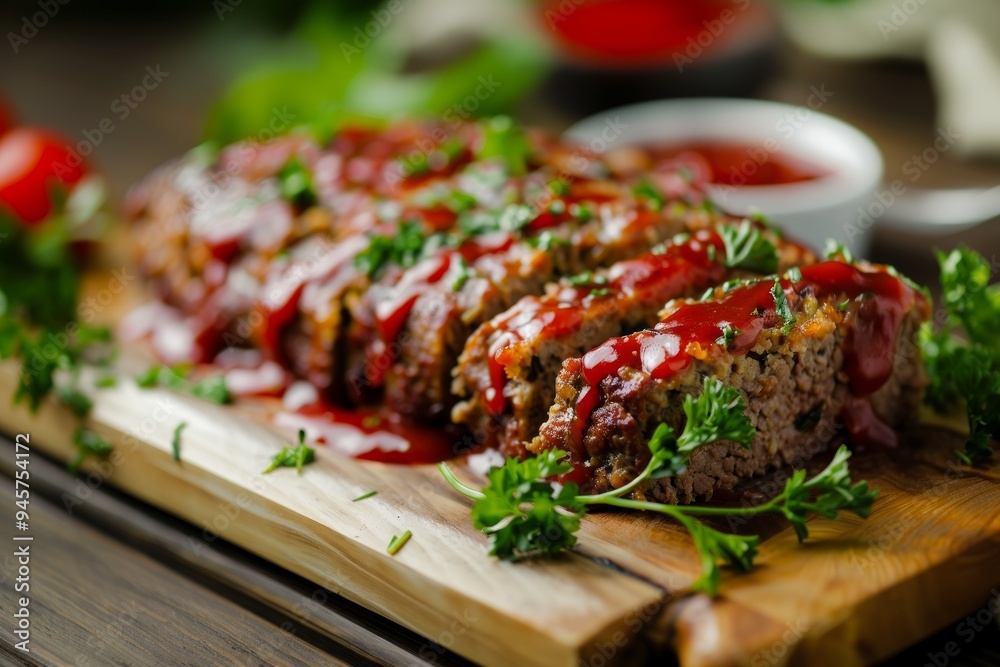 Deliciously prepared meatloaf garnished with fresh parsley and topped with tangy sauce on a wooden cutting board