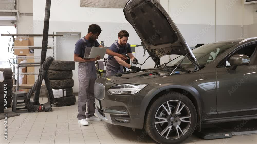 Two auto mechanics inspecting car engine in workshop environment. Professionals diagnosing vehicle with laptop and tools. Automotive maintenance, repair, and teamwork concept Two auto mechanics inspecting car engine in workshop environment. Professionals diagnosing vehicle with laptop and tools. Automotive maintenance, repair, and teamwork concept