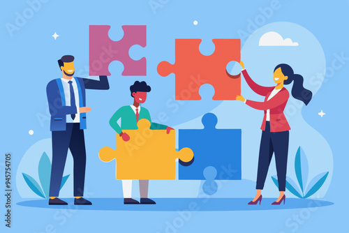 New joiner to fill in team and solve problem, teamwork to get solution, put right man in the right job to fit job description concept, businessman hand HR put new joiner to connect jigsaw puzzle. 
