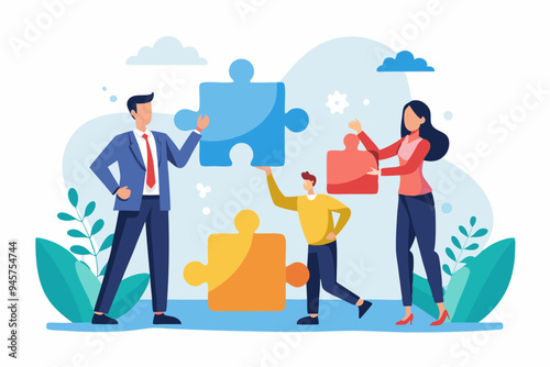 New joiner to fill in team and solve problem, teamwork to get solution, put right man in the right job to fit job description concept, businessman hand HR put new joiner to connect jigsaw puzzle. 
