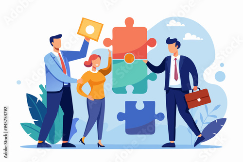 New joiner to fill in team and solve problem, teamwork to get solution, put right man in the right job to fit job description concept, businessman hand HR put new joiner to connect jigsaw puzzle. 
