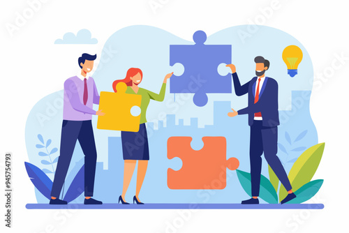 New joiner to fill in team and solve problem, teamwork to get solution, put right man in the right job to fit job description concept, businessman hand HR put new joiner to connect jigsaw puzzle. 
