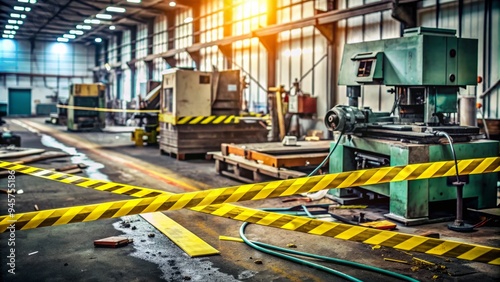 Caution tape surrounds a damaged industrial machine, with scattered tools and debris, highlighting the severity of a workplace accident in a manufacturing area. photo