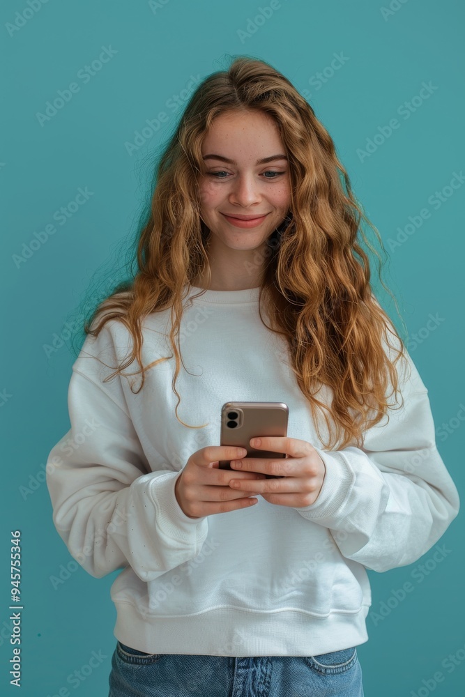 Cheerful Presentation: Woman with Smartphone Cheerful Presentation: Woman with Smartphone