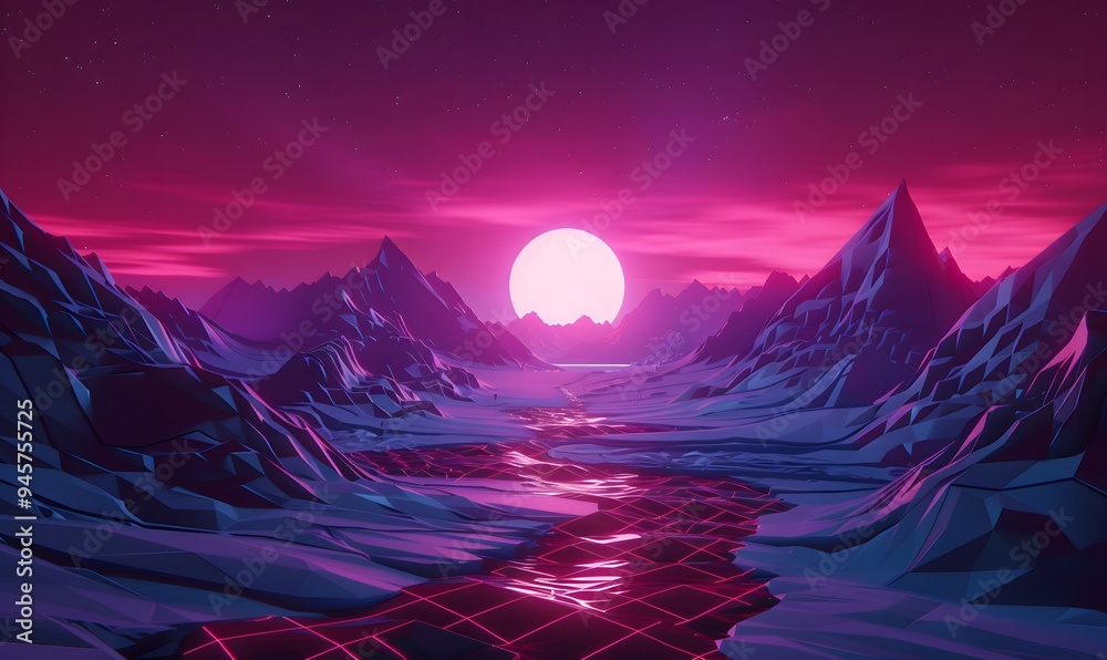80s retro futuristic sci-fi. Retrowave VJ videogame landscape, neon lights and low poly terrain grid. Stylized vintage vaporwave 3d illustration background with mountains, sun and stars. 80s retro futuristic sci-fi. Retrowave VJ videogame landscape, neon lights and low poly terrain grid. Stylized vintage vaporwave 3d illustration background with mountains, sun and stars.