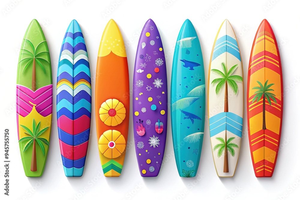 Vibrant surfboard-shaped icons in various colors and designs, scattered on a white background, conveying a sense of fun, adventure, and coastal lifestyle inspiration. Vibrant surfboard-shaped icons in various colors and designs, scattered on a white background, conveying a sense of fun, adventure, and coastal lifestyle inspiration.