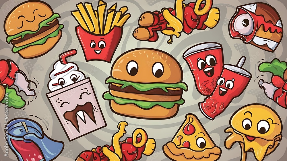 Set of colorful cartoon fast food icons. Isolated vector. Set of colorful cartoon fast food icons. Isolated vector.