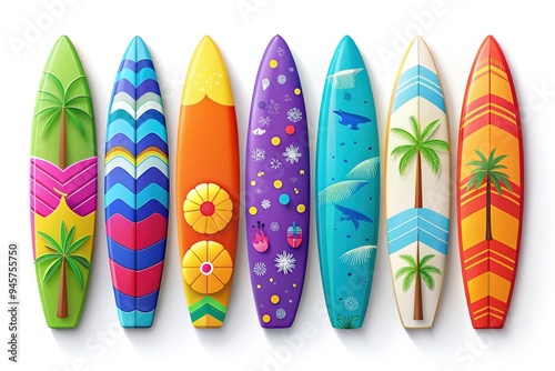 Vibrant surfboard-shaped icons in various colors and designs, scattered on a white background, conveying a sense of fun, adventure, and coastal lifestyle inspiration. photo