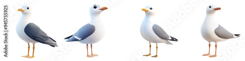 Illustration of four cartoon seagulls in different poses. Perfect for seaside themes and nature projects.