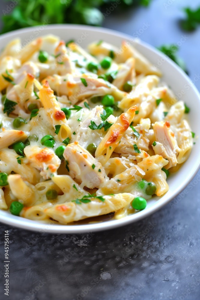 Creamy chicken and penne pasta with peas garnished with parsley in a bowl on a textured surface Creamy chicken and penne pasta with peas garnished with parsley in a bowl on a textured surface