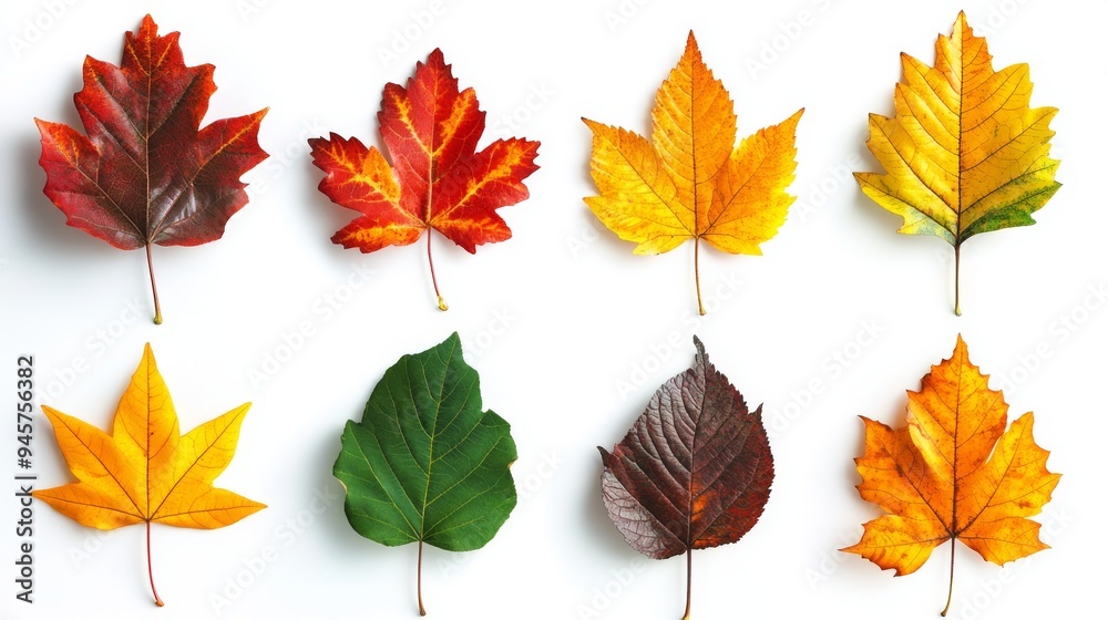 Set of fall colorful autumn leaves on white background, photo Set of fall colorful autumn leaves on white background, photo