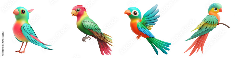 Fototapeta premium Vibrant animated birds in various poses showcasing their colorful plumage and lively expressions. Perfect for whimsical designs!