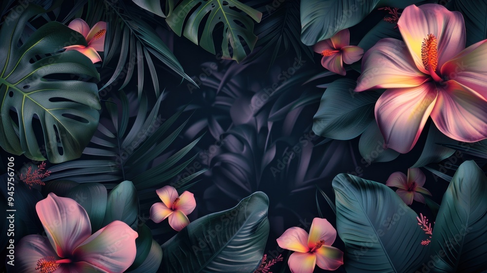 Abstract summer background with layered tropical flowers and leaves, lush and vibrant Abstract summer background with layered tropical flowers and leaves, lush and vibrant