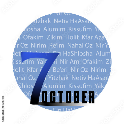 Black Saturday October 7 Memorial Day vector illustration in blue and black colors for Support Israel designs. commemorating banner template for remembrance ceremony with kibbutzim names