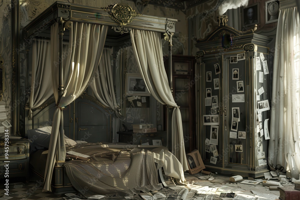 A dilapidated victorian bedroom in a large abandoned mansion A dilapidated victorian bedroom in a large abandoned mansion
