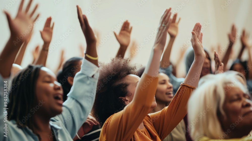 Close-up of an enthusiastic crowd with raised hands, displaying lively emotions and diverse faces in a well-lit indoor setting. Close-up of an enthusiastic crowd with raised hands, displaying lively emotions and diverse faces in a well-lit indoor setting.