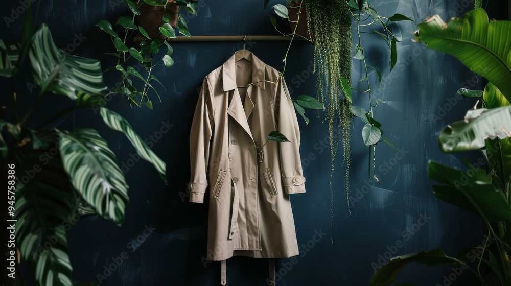 An elegant trench coat displayed on a hanger amidst lush green foliage, contrasting nature with fashion. An elegant trench coat displayed on a hanger amidst lush green foliage, contrasting nature with fashion.