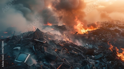 A desolate landscape of burning debris and thick black smoke fills the sky, creating an image of chaos and destruction under a fiery sunset.