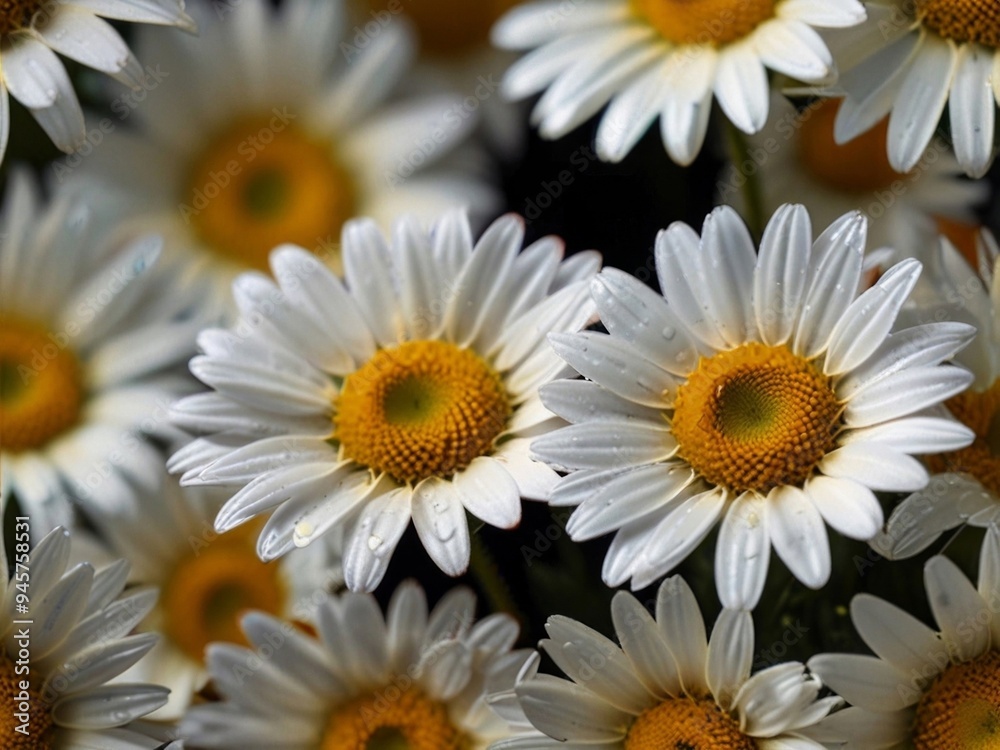 Fototapeta premium A close-up of vibrant white daisies with bright yellow centers, set against a dark background, showcasing their natural beauty. AI generated.