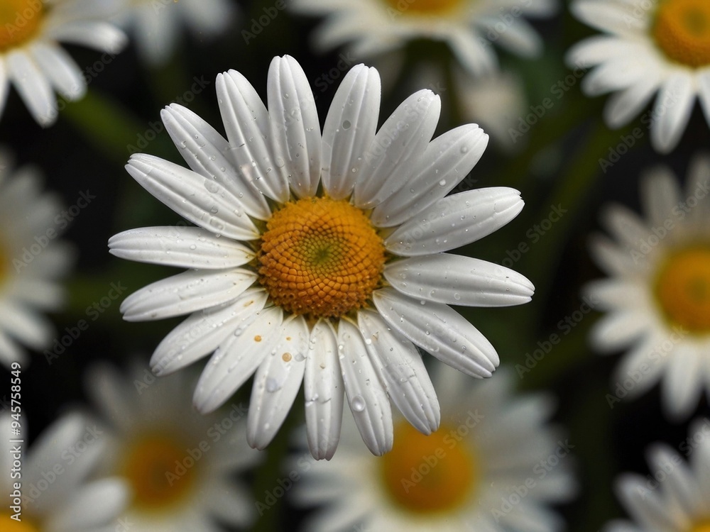 Fototapeta premium A close-up of vibrant white daisies with bright yellow centers, set against a dark background, showcasing their natural beauty. AI generated.