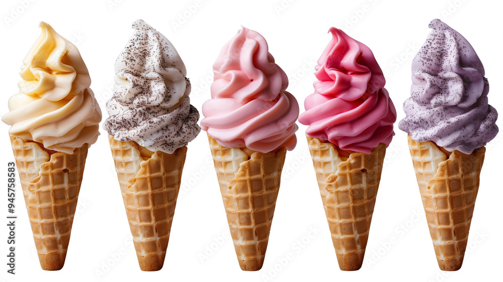 Ice cream cones with different flavors, isolated on a transparent background Ice cream cones with different flavors, isolated on a transparent background