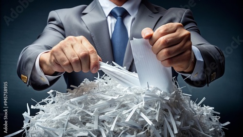 Close-up of a person's hand aggressively tearing a confidential document in half, with shredded paper scattered around, symbolizing secrecy and destruction of evidence.