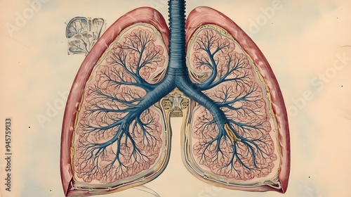 56. An intricate diagram of the human respiratory system with airways and lungs photo