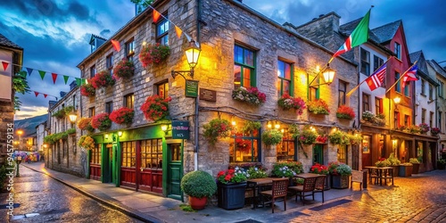 Vibrant traditional Irish pub in Galway city's Latin Quarter, adorned with colorful flags and overflowing flower boxes, warm lamps aglow on a misty evening. photo