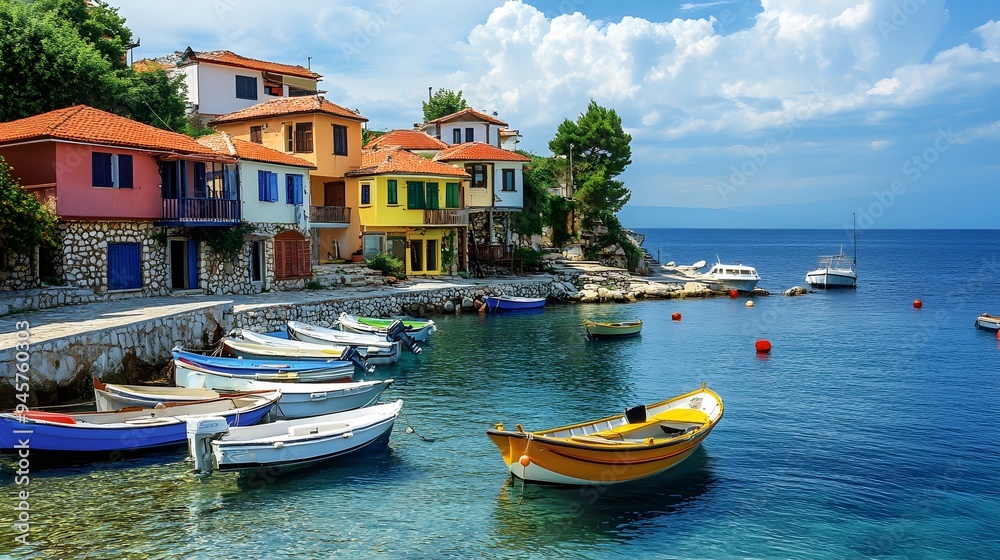 Fototapeta premium 60. A picturesque coastal village with colorful houses and fishing boats