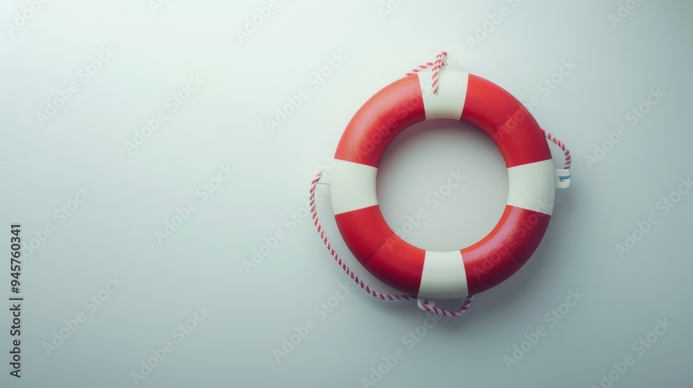A bright red and white lifebuoy hangs against a plain white background, symbolizing safety and emergency preparedness. A bright red and white lifebuoy hangs against a plain white background, symbolizing safety and emergency preparedness.