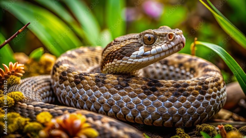 Coiled and camouflaged in dense underbrush, a venomous viper snake with scaly texture and piercing gaze lies in wait for its unsuspecting prey. Coiled and camouflaged in dense underbrush, a venomous viper snake with scaly texture and piercing gaze lies in wait for its unsuspecting prey.