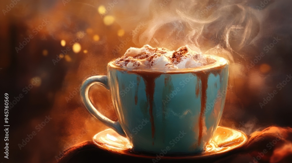 Fototapeta premium Steaming Mug of Hot Chocolate with Whipped Cream and Cocoa Powder