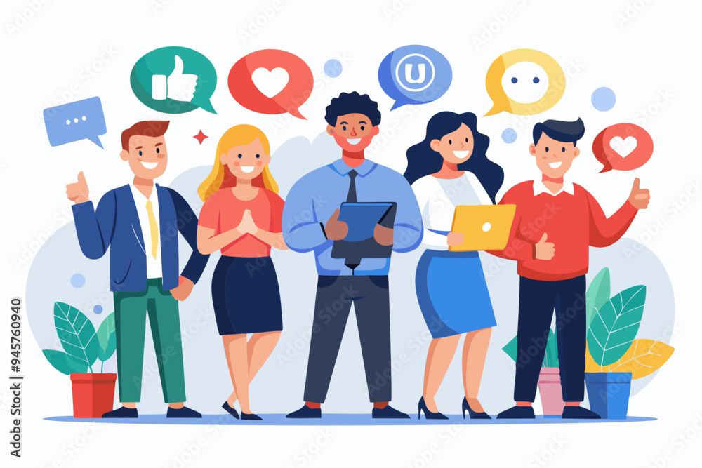 Social media team, community management or online advertising, manage social network or communication concept, business people social media team holding thumb up, love, speech bubble and smile sign.
Social media team, community management or online advertising, manage social network or communication concept, business people social media team holding thumb up, love, speech bubble and smile sign.