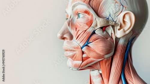 Anatomical side profile of a human head, depicting muscles and nerves, providing a detailed view for medical study.