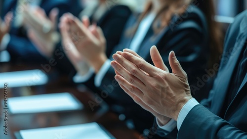 Indoor of meeting room in office for teamwork of business. Conference place to choose idea for management strategy or successful company. Businessman use hand celebrate for success governance. AIG53.