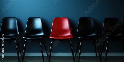 A row of chairs with one red chair in the middle