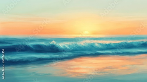 Serene Sunset Over Ocean Waves - Abstract Watercolor Painting.