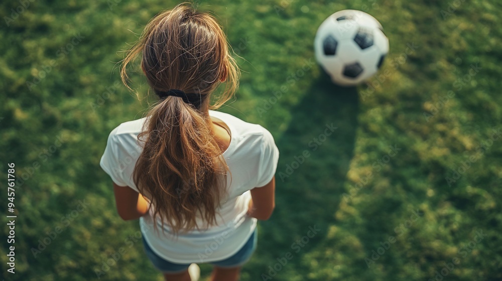 Cute girl on the background of a football field, hobby, sports, kids soccer Cute girl on the background of a football field, hobby, sports, kids soccer