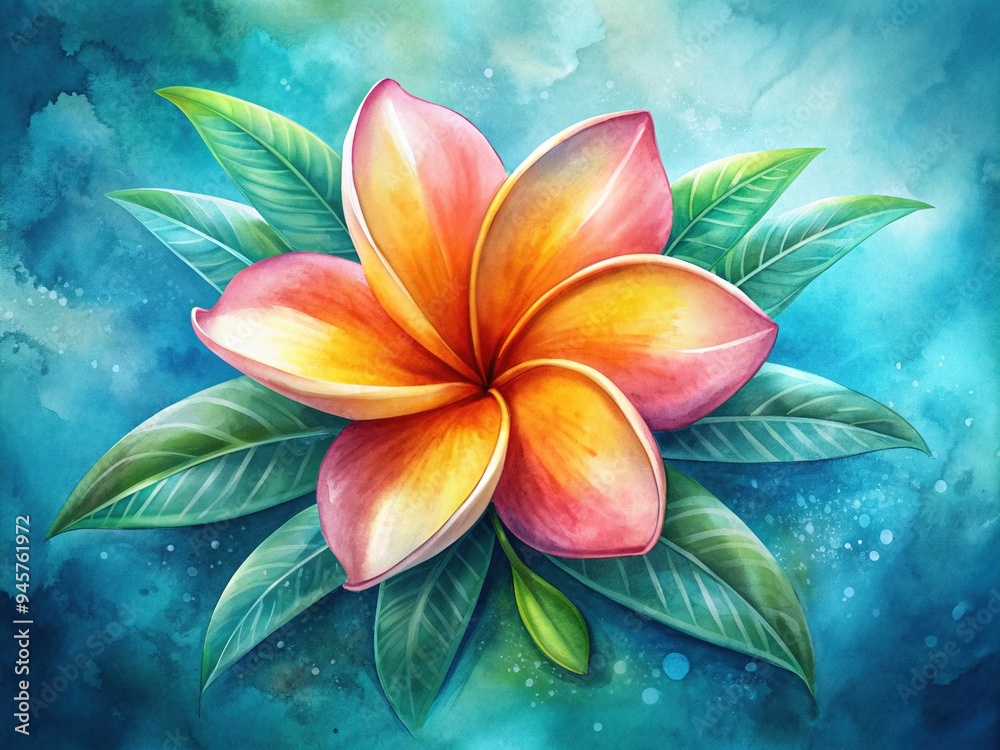 Vibrant watercolor illustration of a stylized, exotic tropical flower with soft, blended petals and delicate, curly stems against a subtle, gradient blue background. Vibrant watercolor illustration of a stylized, exotic tropical flower with soft, blended petals and delicate, curly stems against a subtle, gradient blue background.