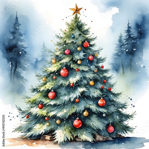 Aquarell - Geschmückter Weihnachtsbaum